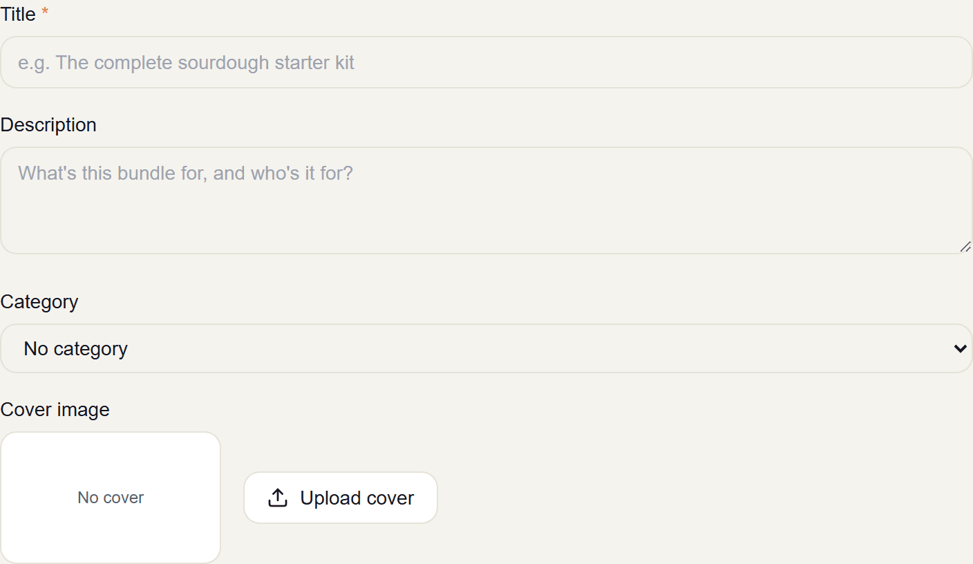 The bundle editor showing the title, description, category and cover image fields