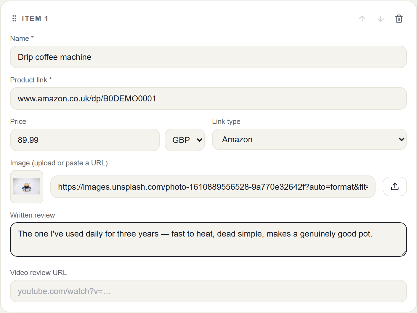 A product row in the editor with name, link, price, link type and a written review